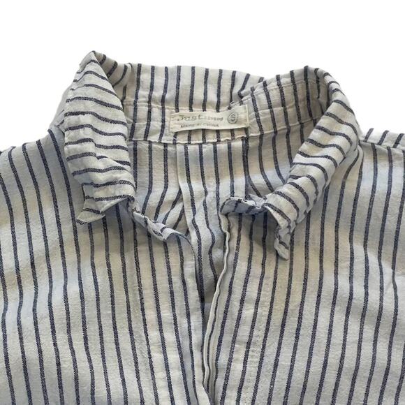 Blue & White Stripe Linen Blend Long Sleeve Roll-Tab Button Down Shirt, Size S - Picture 2 of 12